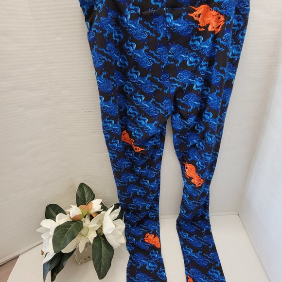 LuLaRoe Tall & Curvy TC Legging Blue Black Orange Mystical Mythical Dragon Lion - Picture 7 of 13